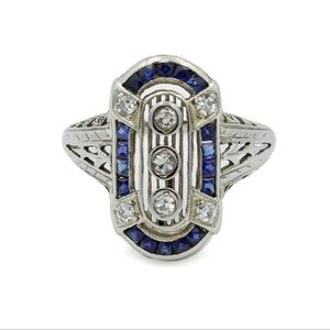 1928 Art Deco 18K Diamond & Die Struck Sapphire Filigree Ring